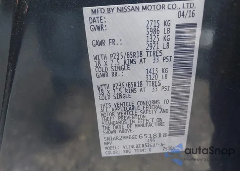 2016 Nissan Pathfinder S/Sv/Sl/Platinum z USA, uszkodzony, nr VIN 5N1AR2MM6GC651818